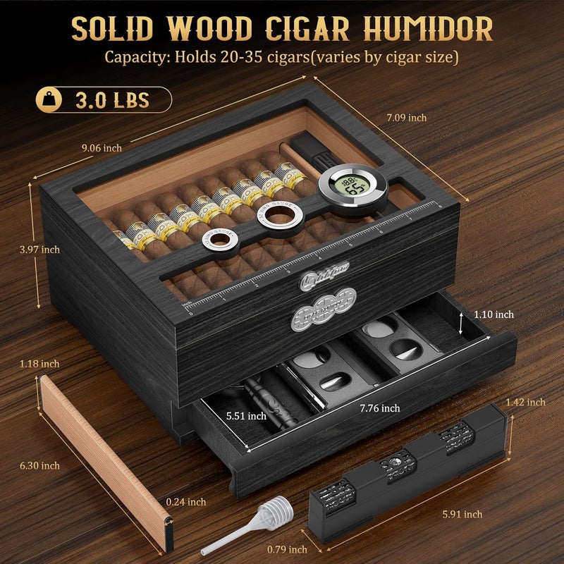 LIHTUN Cigar Humidor, Glass Top Desktop Humidor Box, Cigar Gifts for Men, Cedar Wood Cigars Case with Digital Hygrometer, Humidifier, Measuring Scale and Cigars Accessories Drawer - Image 4